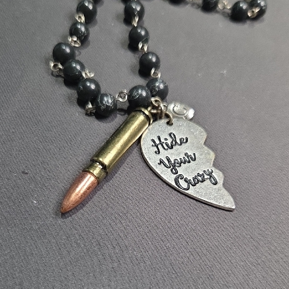 Silver and Black Beaded Necklace with Bullet Pendant - Picture 2 of 5